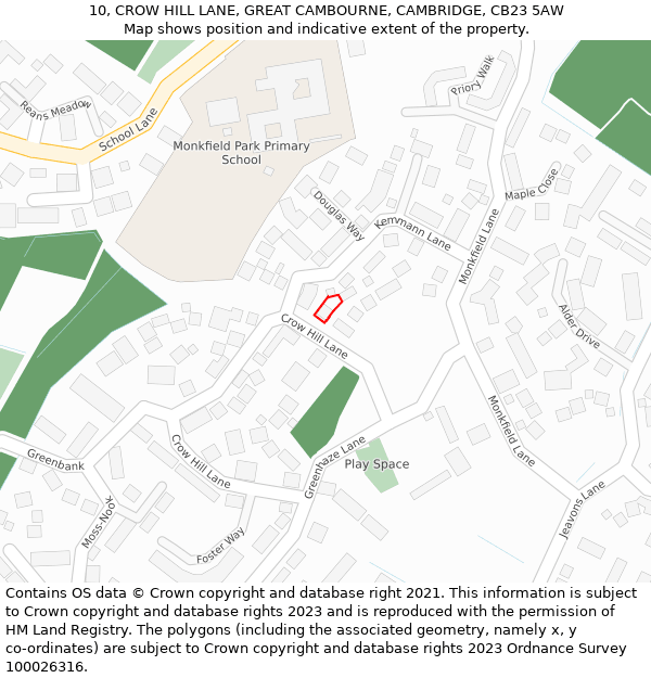 10, CROW HILL LANE, GREAT CAMBOURNE, CAMBRIDGE, CB23 5AW: Location map and indicative extent of plot