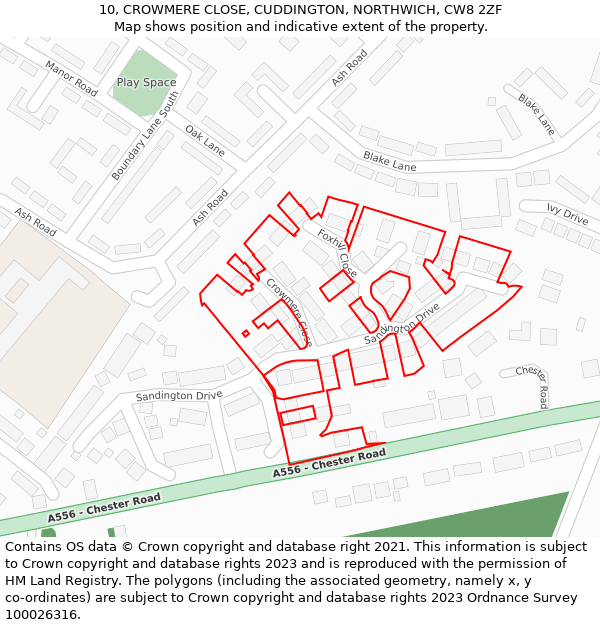 10, CROWMERE CLOSE, CUDDINGTON, NORTHWICH, CW8 2ZF: Location map and indicative extent of plot