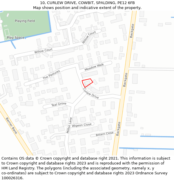 10, CURLEW DRIVE, COWBIT, SPALDING, PE12 6FB: Location map and indicative extent of plot