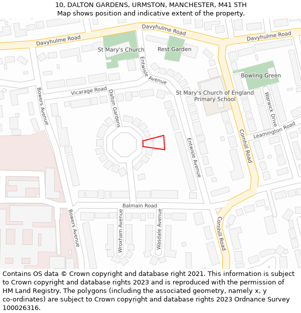 10, DALTON GARDENS, URMSTON, MANCHESTER, M41 5TH: Location map and indicative extent of plot