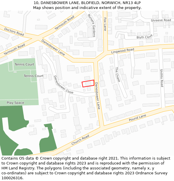 10, DANESBOWER LANE, BLOFIELD, NORWICH, NR13 4LP: Location map and indicative extent of plot