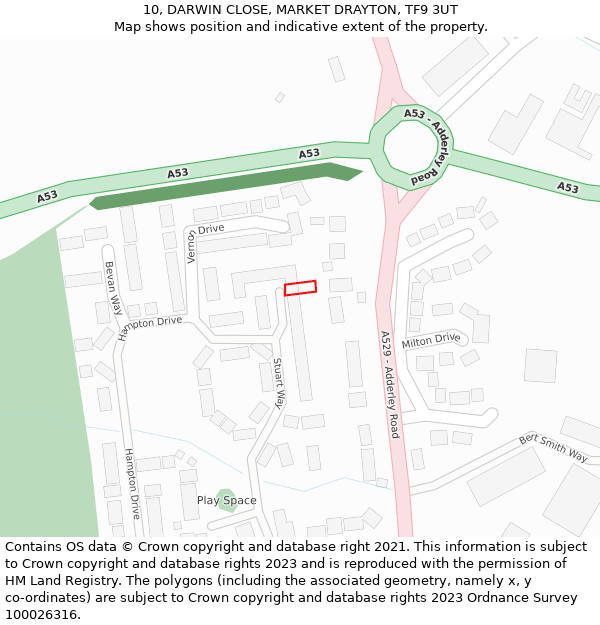 10, DARWIN CLOSE, MARKET DRAYTON, TF9 3UT: Location map and indicative extent of plot