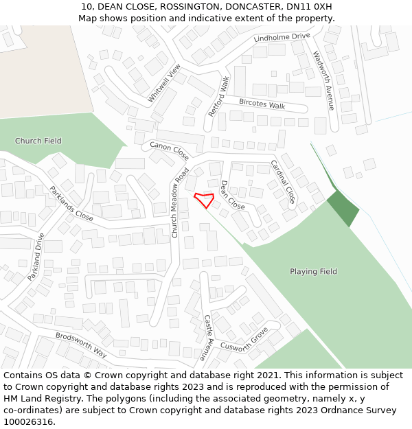 10, DEAN CLOSE, ROSSINGTON, DONCASTER, DN11 0XH: Location map and indicative extent of plot