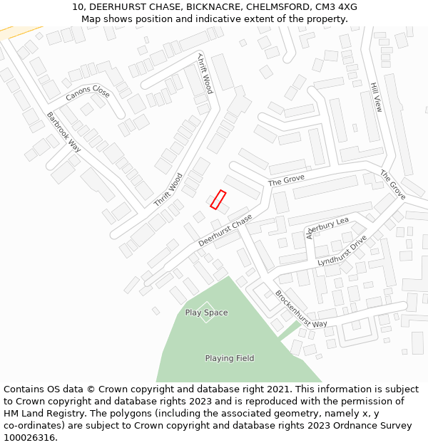 10, DEERHURST CHASE, BICKNACRE, CHELMSFORD, CM3 4XG: Location map and indicative extent of plot