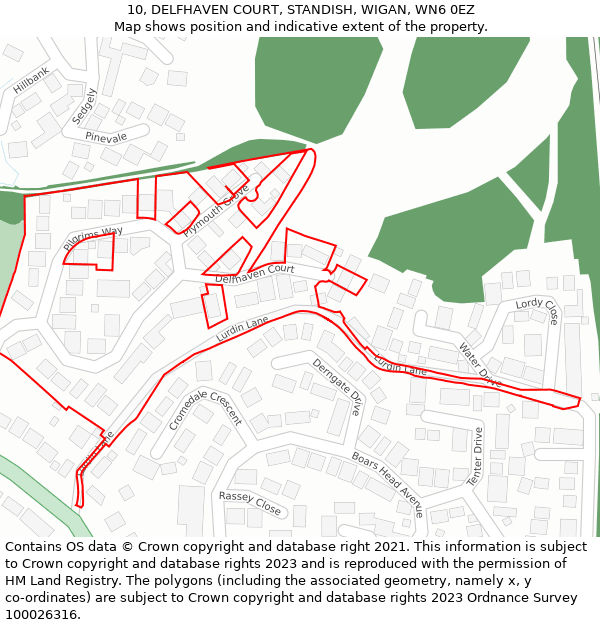 10, DELFHAVEN COURT, STANDISH, WIGAN, WN6 0EZ: Location map and indicative extent of plot