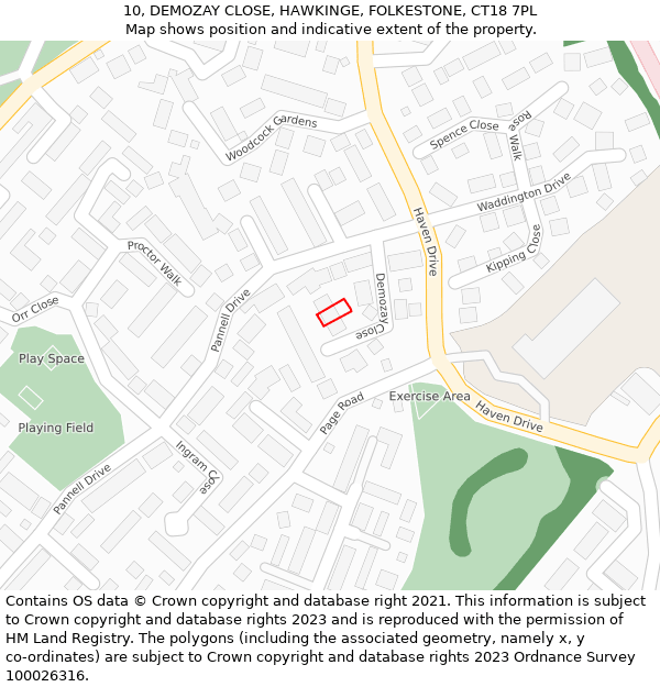 10, DEMOZAY CLOSE, HAWKINGE, FOLKESTONE, CT18 7PL: Location map and indicative extent of plot