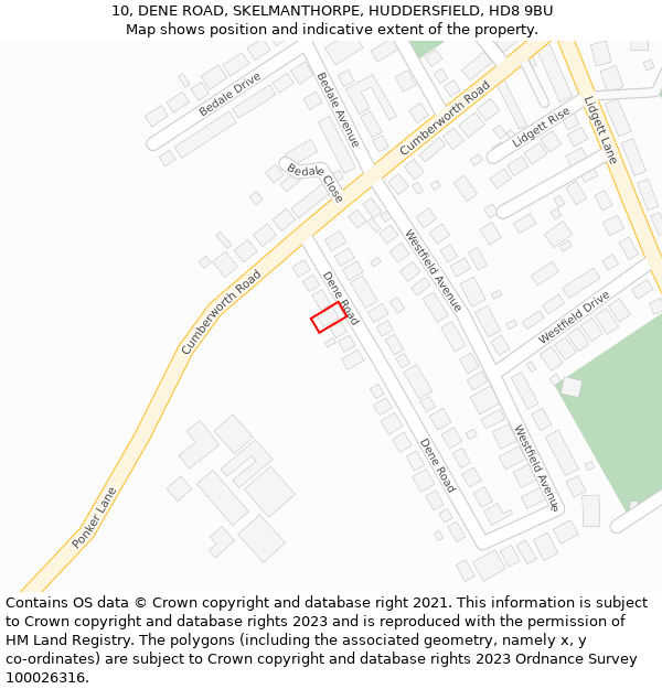 10, DENE ROAD, SKELMANTHORPE, HUDDERSFIELD, HD8 9BU: Location map and indicative extent of plot