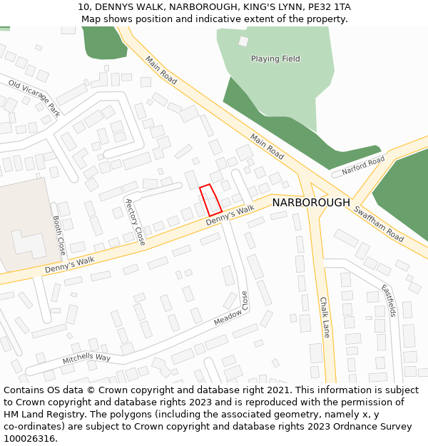 10, DENNYS WALK, NARBOROUGH, KING'S LYNN, PE32 1TA: Location map and indicative extent of plot