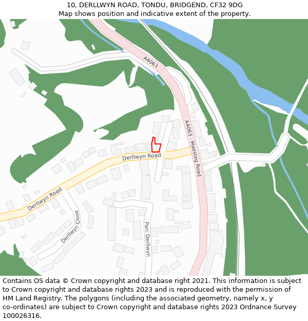 10, DERLLWYN ROAD, TONDU, BRIDGEND, CF32 9DG: Location map and indicative extent of plot
