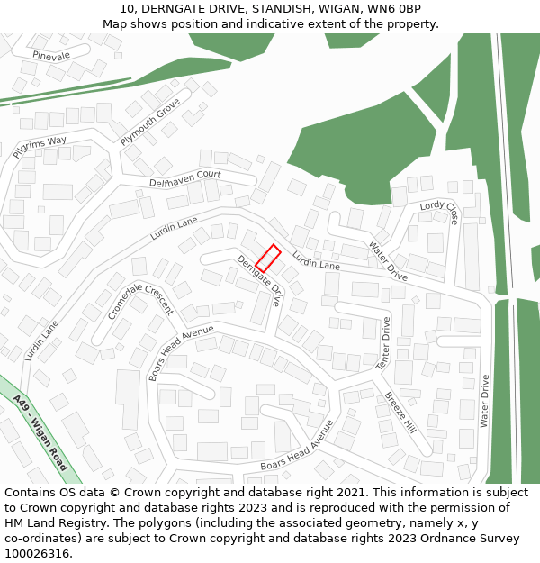 10, DERNGATE DRIVE, STANDISH, WIGAN, WN6 0BP: Location map and indicative extent of plot