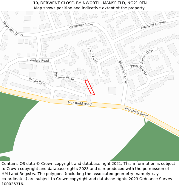 10, DERWENT CLOSE, RAINWORTH, MANSFIELD, NG21 0FN: Location map and indicative extent of plot