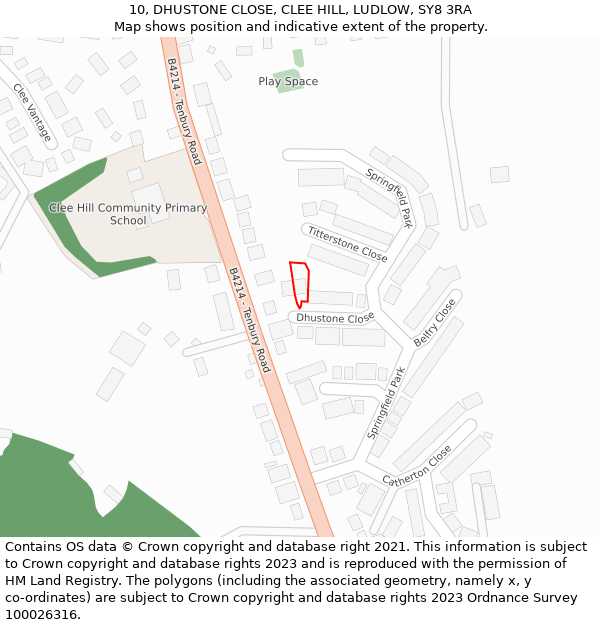 10, DHUSTONE CLOSE, CLEE HILL, LUDLOW, SY8 3RA: Location map and indicative extent of plot