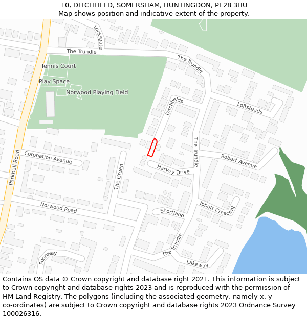 10, DITCHFIELD, SOMERSHAM, HUNTINGDON, PE28 3HU: Location map and indicative extent of plot