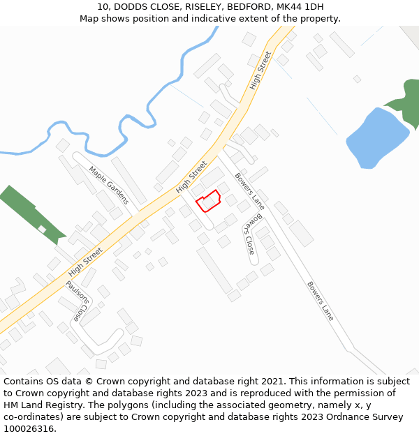 10, DODDS CLOSE, RISELEY, BEDFORD, MK44 1DH: Location map and indicative extent of plot