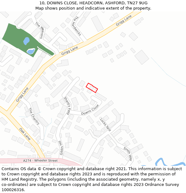 10, DOWNS CLOSE, HEADCORN, ASHFORD, TN27 9UG: Location map and indicative extent of plot