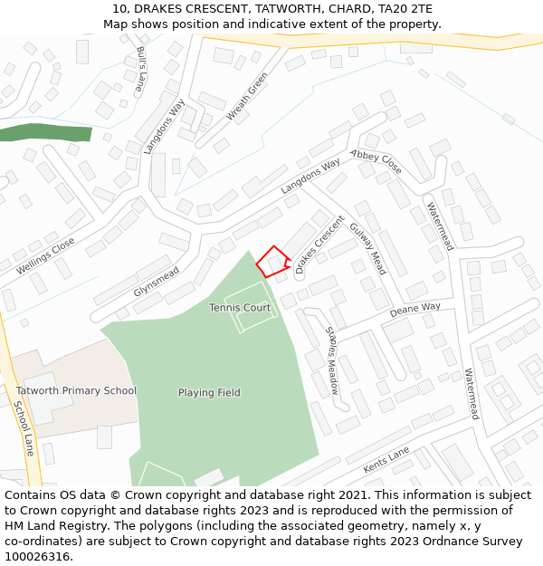 10, DRAKES CRESCENT, TATWORTH, CHARD, TA20 2TE: Location map and indicative extent of plot