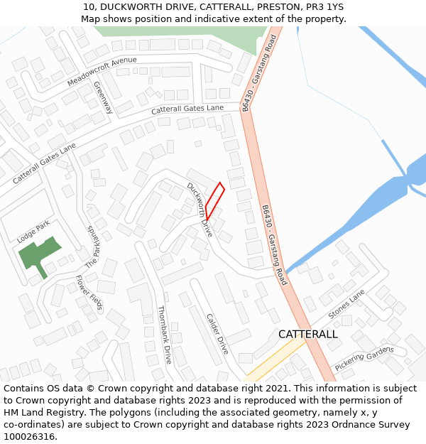 10, DUCKWORTH DRIVE, CATTERALL, PRESTON, PR3 1YS: Location map and indicative extent of plot