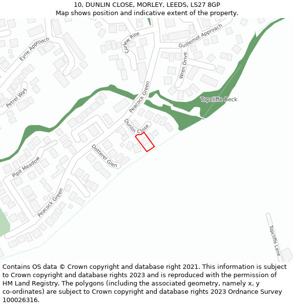 10, DUNLIN CLOSE, MORLEY, LEEDS, LS27 8GP: Location map and indicative extent of plot