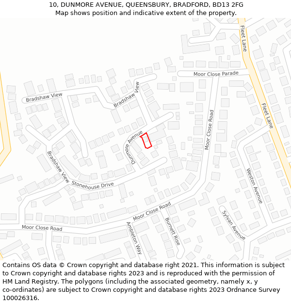10, DUNMORE AVENUE, QUEENSBURY, BRADFORD, BD13 2FG: Location map and indicative extent of plot