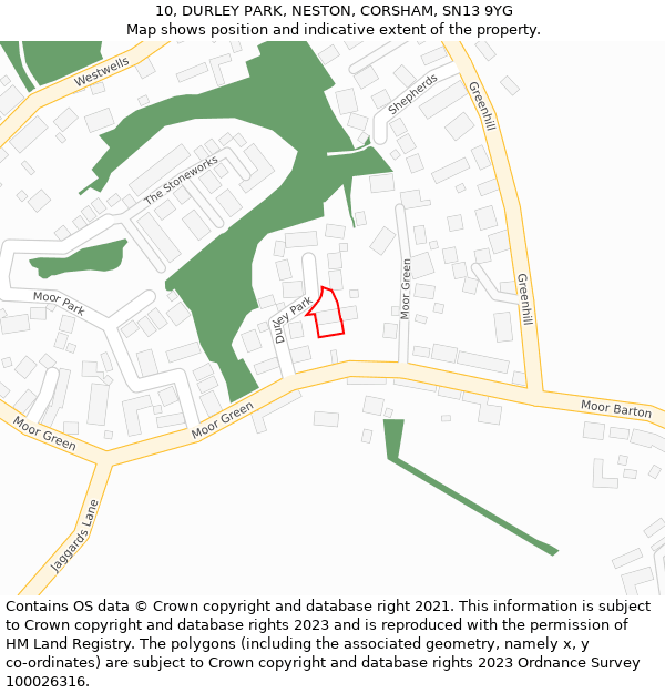 10, DURLEY PARK, NESTON, CORSHAM, SN13 9YG: Location map and indicative extent of plot