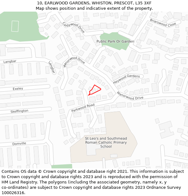 10, EARLWOOD GARDENS, WHISTON, PRESCOT, L35 3XF: Location map and indicative extent of plot