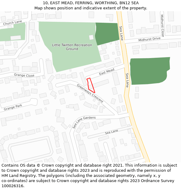 10, EAST MEAD, FERRING, WORTHING, BN12 5EA: Location map and indicative extent of plot