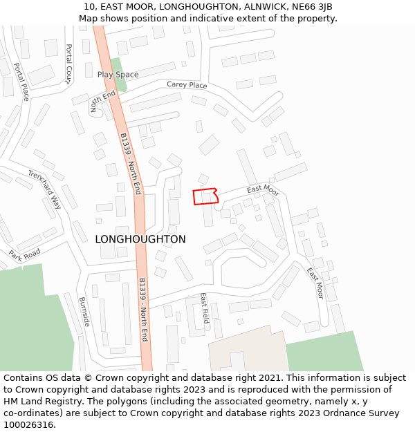 10, EAST MOOR, LONGHOUGHTON, ALNWICK, NE66 3JB: Location map and indicative extent of plot