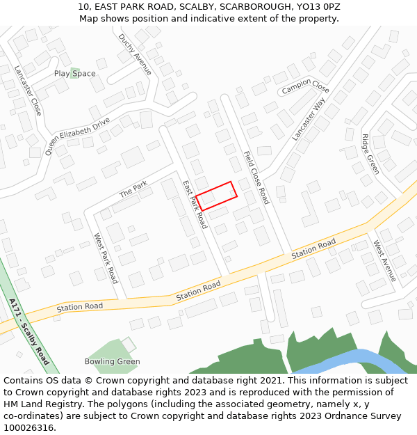 10, EAST PARK ROAD, SCALBY, SCARBOROUGH, YO13 0PZ: Location map and indicative extent of plot