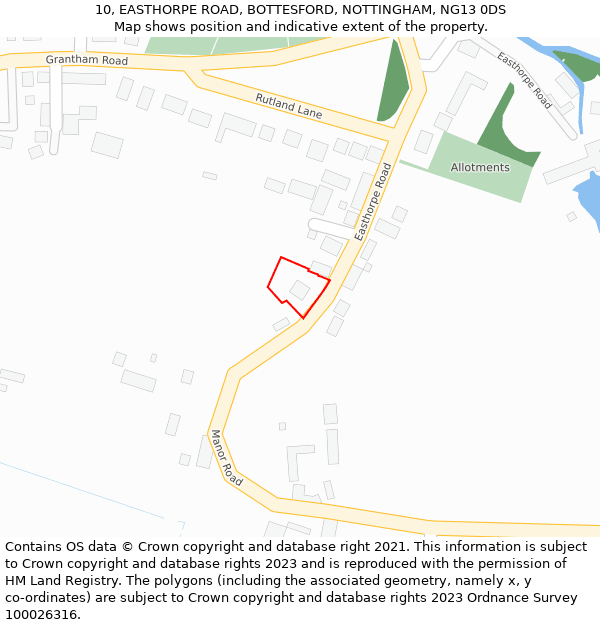 10, EASTHORPE ROAD, BOTTESFORD, NOTTINGHAM, NG13 0DS: Location map and indicative extent of plot