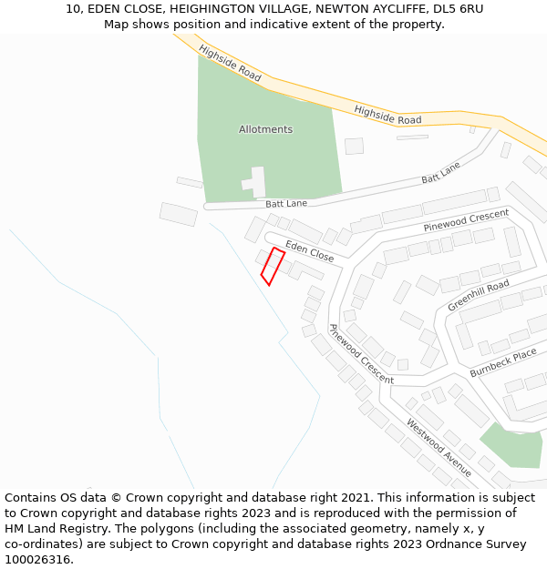 10, EDEN CLOSE, HEIGHINGTON VILLAGE, NEWTON AYCLIFFE, DL5 6RU: Location map and indicative extent of plot