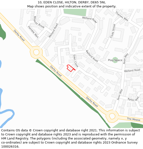 10, EDEN CLOSE, HILTON, DERBY, DE65 5NL: Location map and indicative extent of plot