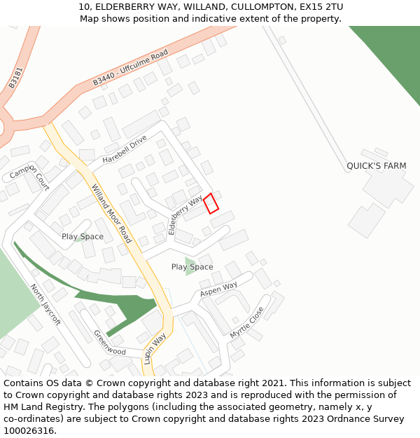 10, ELDERBERRY WAY, WILLAND, CULLOMPTON, EX15 2TU: Location map and indicative extent of plot