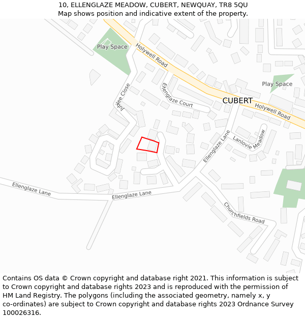 10, ELLENGLAZE MEADOW, CUBERT, NEWQUAY, TR8 5QU: Location map and indicative extent of plot