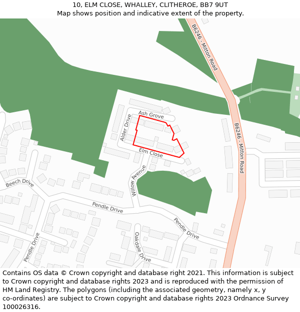10, ELM CLOSE, WHALLEY, CLITHEROE, BB7 9UT: Location map and indicative extent of plot