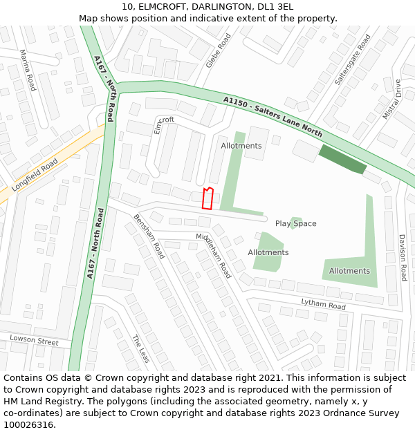 10, ELMCROFT, DARLINGTON, DL1 3EL: Location map and indicative extent of plot