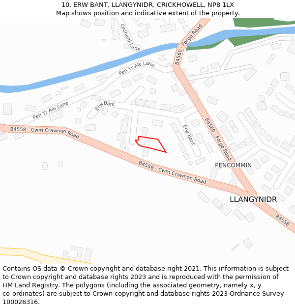 10, ERW BANT, LLANGYNIDR, CRICKHOWELL, NP8 1LX: Location map and indicative extent of plot