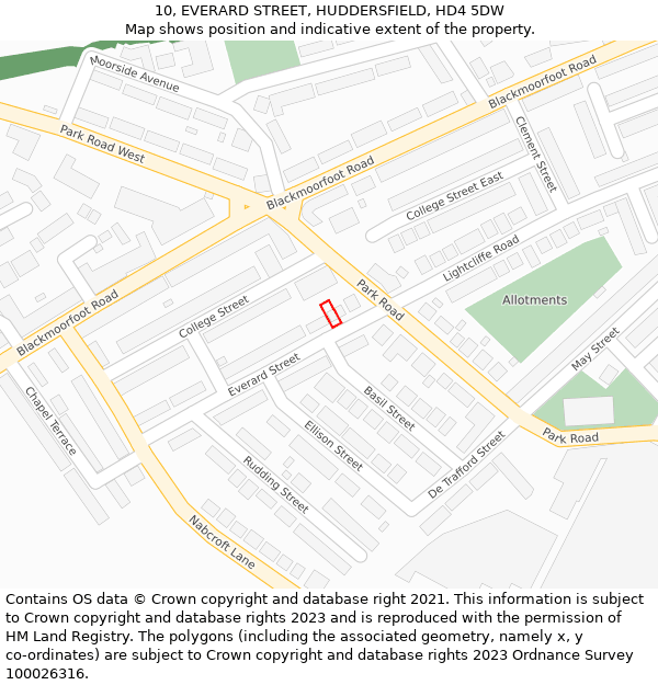 10, EVERARD STREET, HUDDERSFIELD, HD4 5DW: Location map and indicative extent of plot