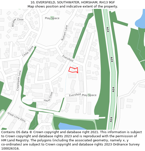 10, EVERSFIELD, SOUTHWATER, HORSHAM, RH13 9GF: Location map and indicative extent of plot