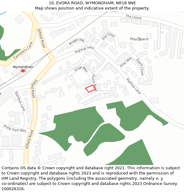 10, EVORA ROAD, WYMONDHAM, NR18 9NE: Location map and indicative extent of plot