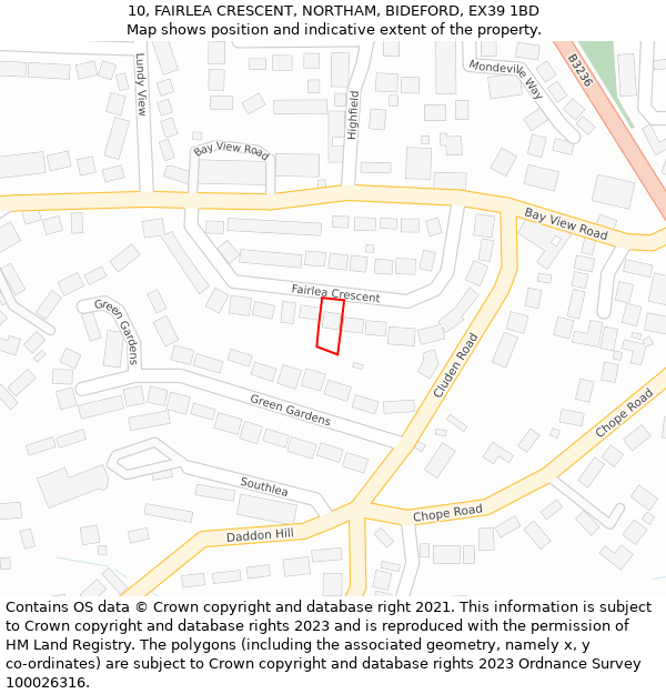 10, FAIRLEA CRESCENT, NORTHAM, BIDEFORD, EX39 1BD: Location map and indicative extent of plot