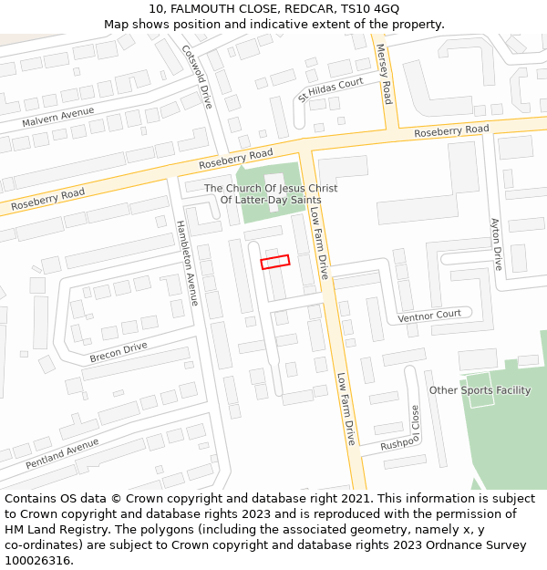 10, FALMOUTH CLOSE, REDCAR, TS10 4GQ: Location map and indicative extent of plot