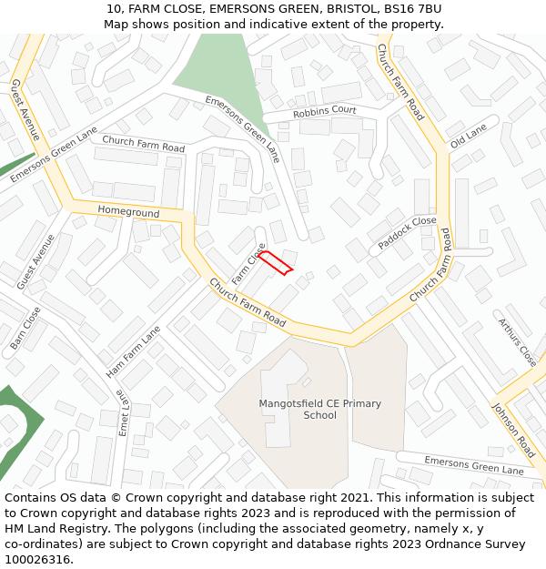 10, FARM CLOSE, EMERSONS GREEN, BRISTOL, BS16 7BU: Location map and indicative extent of plot