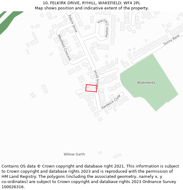 10, FELKIRK DRIVE, RYHILL, WAKEFIELD, WF4 2PL: Location map and indicative extent of plot