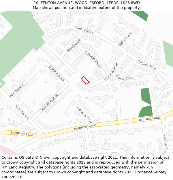 10, FENTON AVENUE, WOODLESFORD, LEEDS, LS26 8WD: Location map and indicative extent of plot