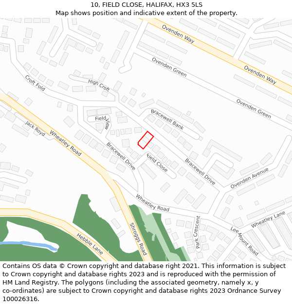 10, FIELD CLOSE, HALIFAX, HX3 5LS: Location map and indicative extent of plot