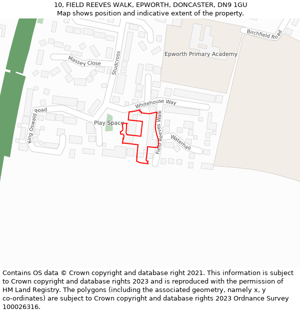 10, FIELD REEVES WALK, EPWORTH, DONCASTER, DN9 1GU: Location map and indicative extent of plot