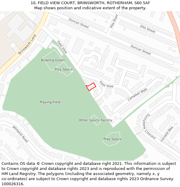 10, FIELD VIEW COURT, BRINSWORTH, ROTHERHAM, S60 5AF: Location map and indicative extent of plot