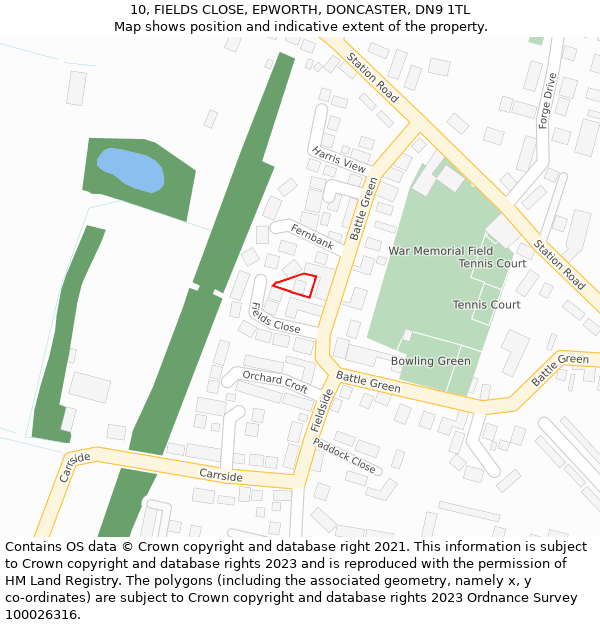 10, FIELDS CLOSE, EPWORTH, DONCASTER, DN9 1TL: Location map and indicative extent of plot