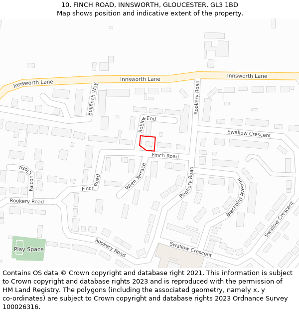 10, FINCH ROAD, INNSWORTH, GLOUCESTER, GL3 1BD: Location map and indicative extent of plot