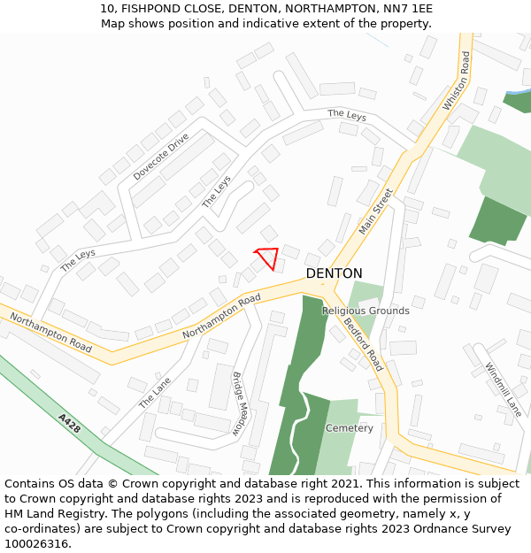 10, FISHPOND CLOSE, DENTON, NORTHAMPTON, NN7 1EE: Location map and indicative extent of plot